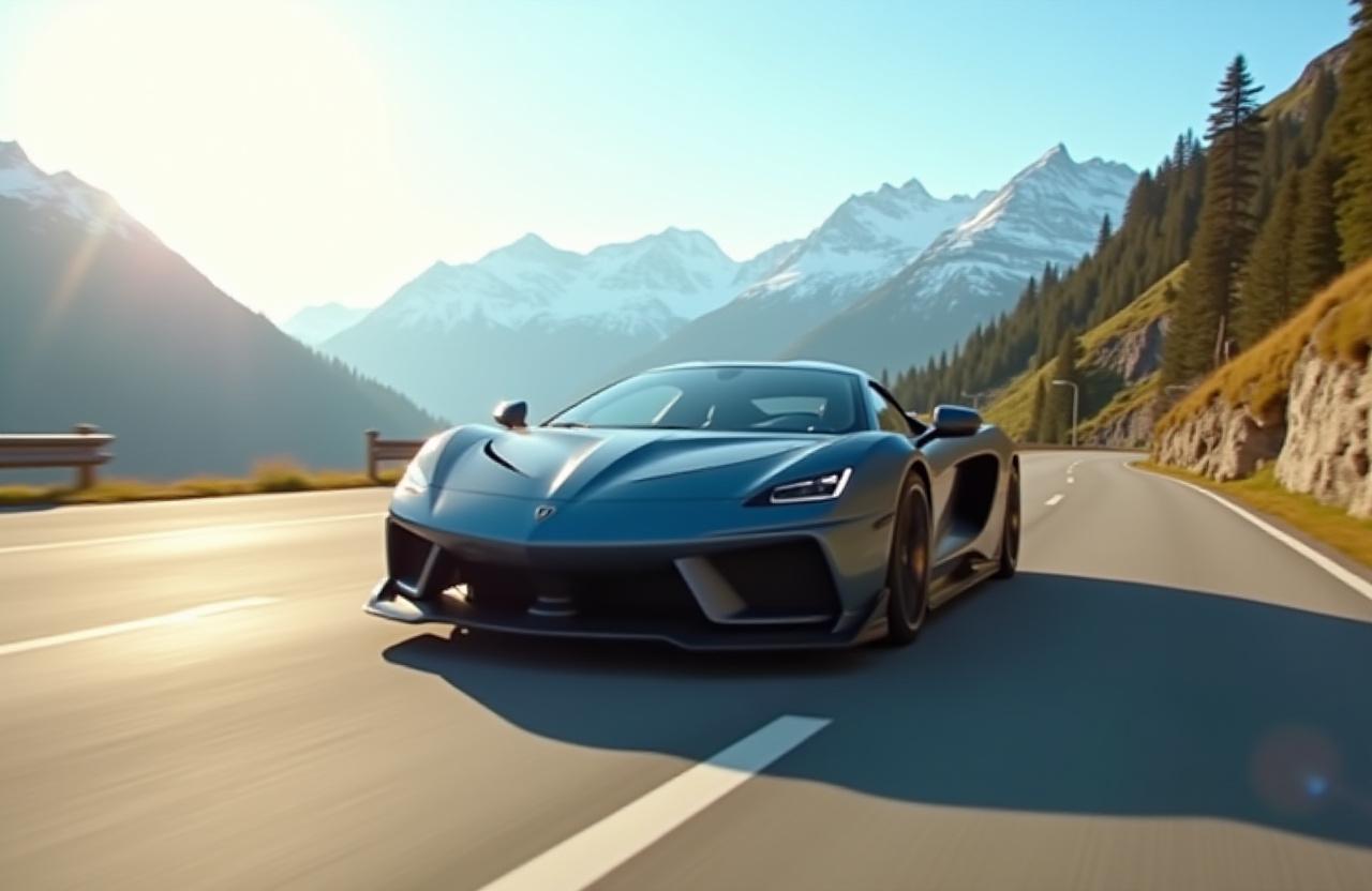 Ein massgeschneiderter Sportwagen auf einer kurvenreichen Bergstrasse in der Schweiz.