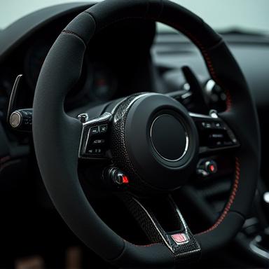 Massgeschneidertes Lenkrad mit Alcantara und Carbon-Details.