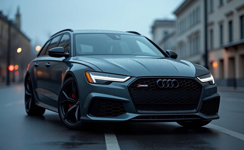 Ein grauer Audi RS6 Avant mit aggressiver Haltung.