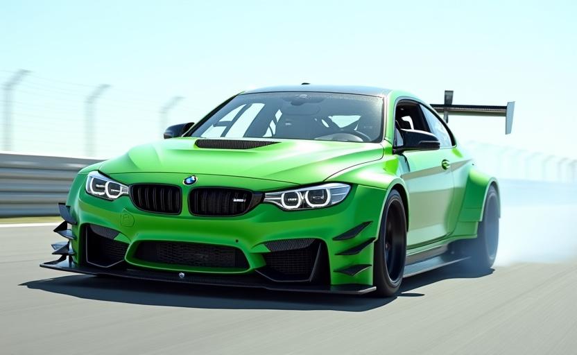 Ein giftgrüner BMW M4 mit Rennstrecken-Modifikationen.