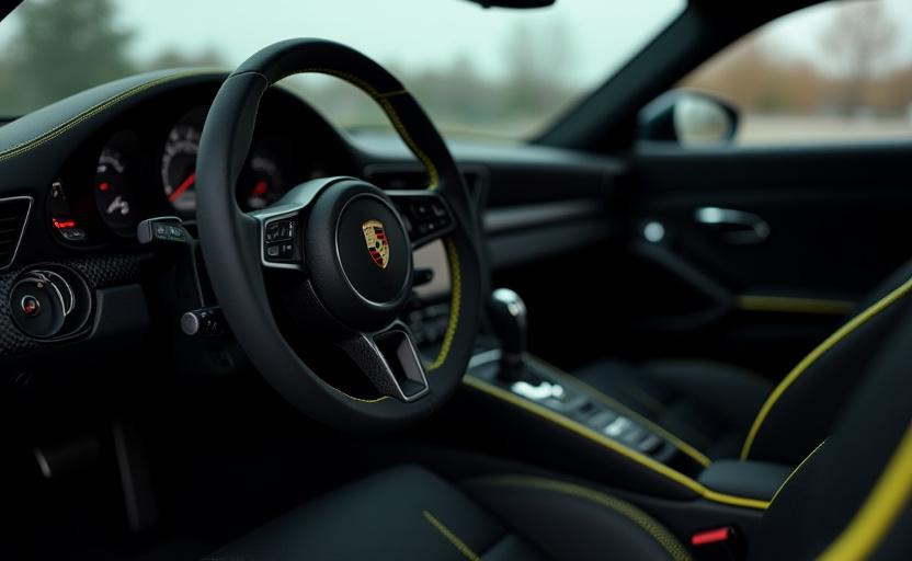 Nahaufnahme des Innenraums eines Porsche 911 GT3 mit gelben Nähten.